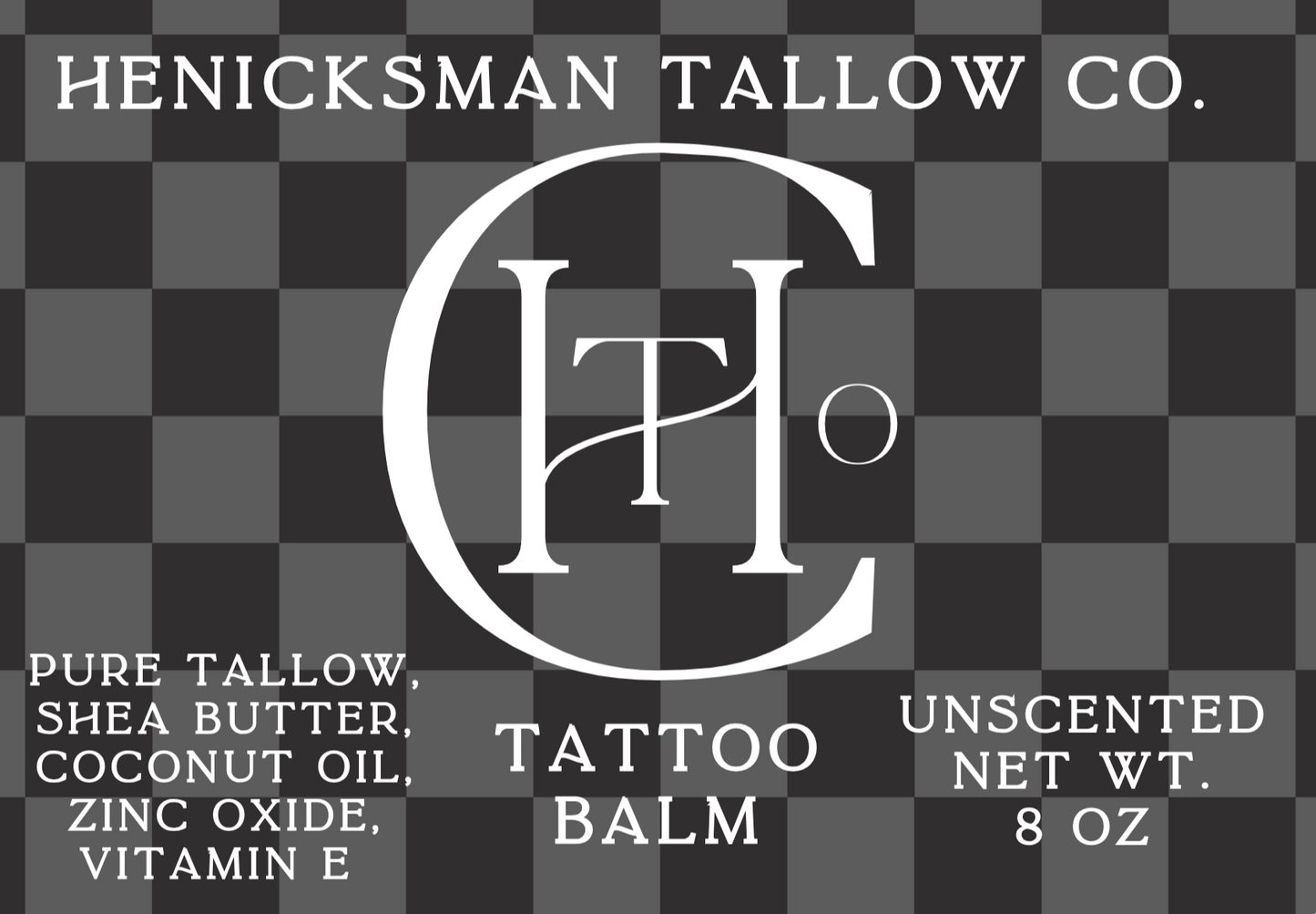 Label of Henicksman Tallow Co. tattoo balm on a checkered background