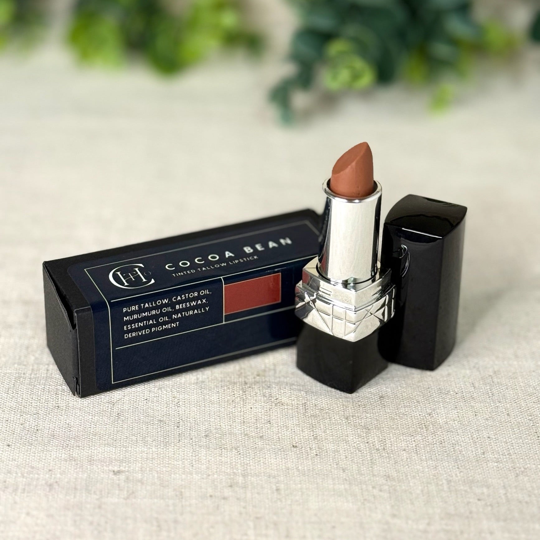 Cocoa Bear lipstick with packaging on a textured surface